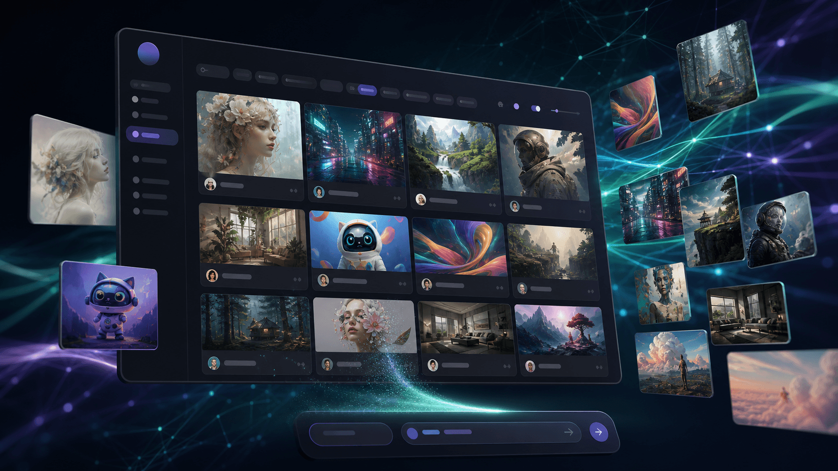 A premium AI image marketplace interface with curated visual style cards flowing through a generative AI network.
