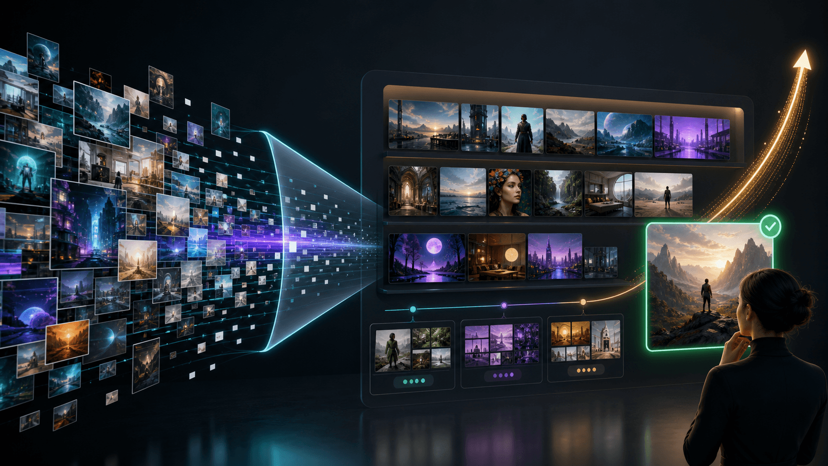 A stream of raw AI-generated images is organized into a curated marketplace gallery where one image is selected and highlighted.