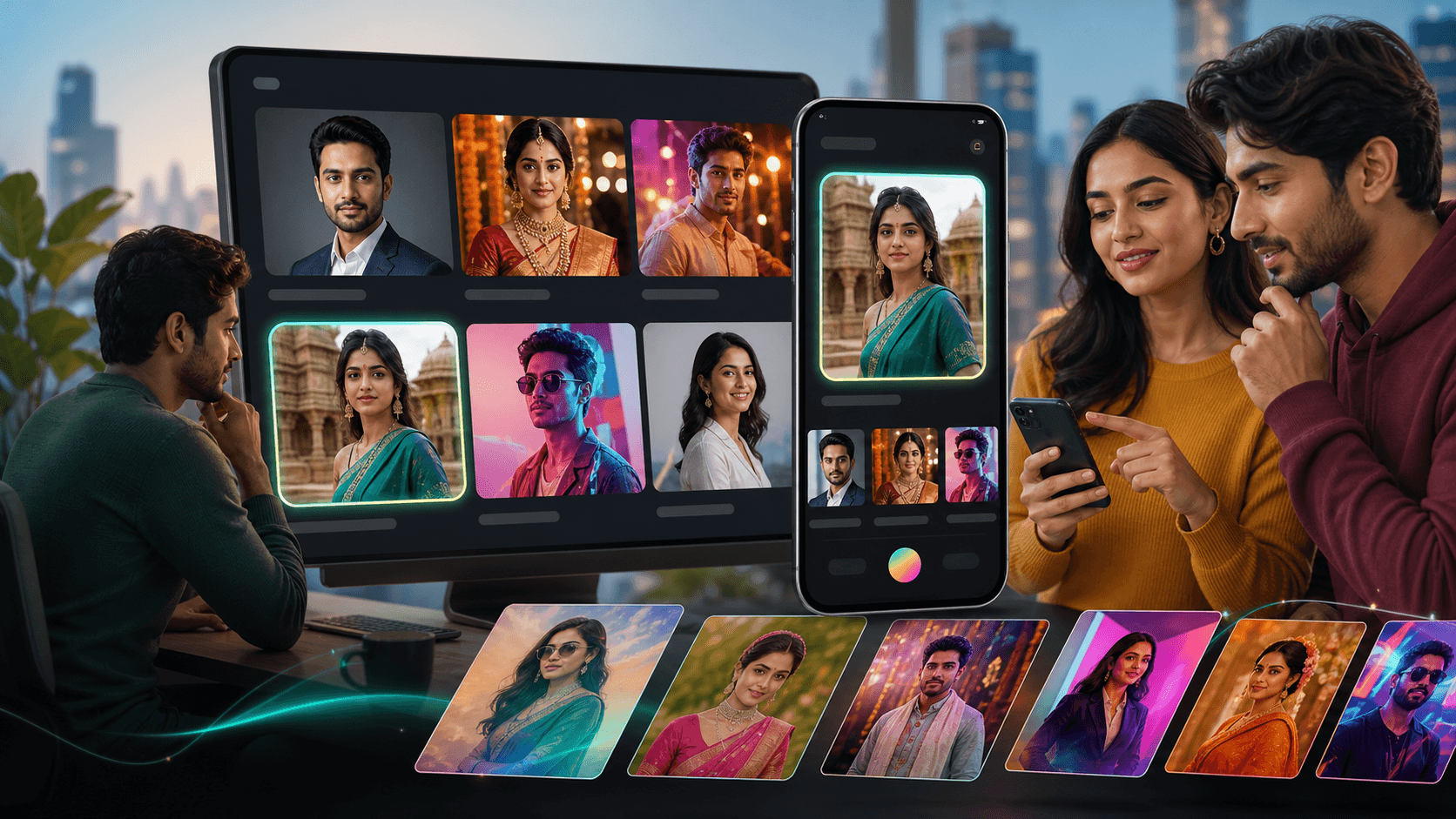 Indian professionals browse AI photo styles for headshots, weddings, creator photos, and cultural portraits on desktop and mobile screens.