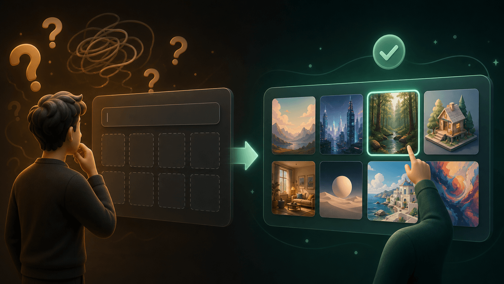A user moves from a blank AI prompt box to a curated gallery of finished image styles, showing recognition over specification.