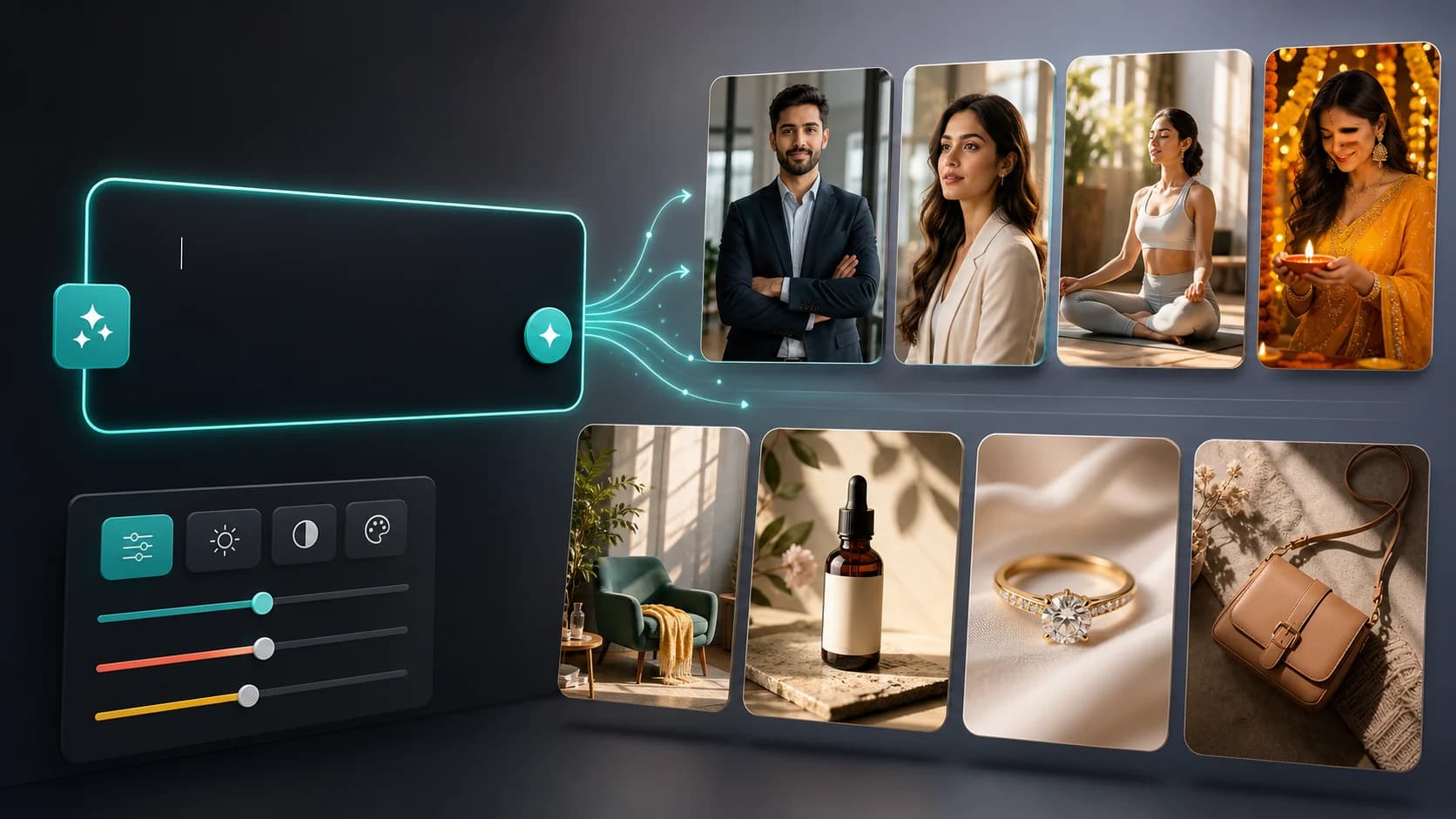 AI prompt images generator workflow turning text prompts into realistic portraits, aesthetic photos, product images, and Indian festive AI images.