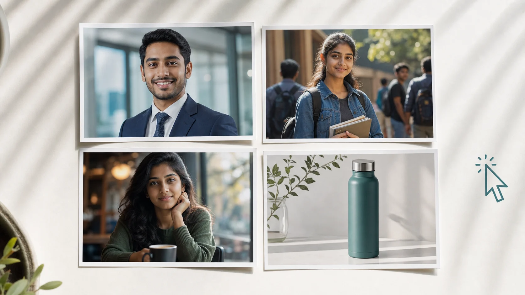 Best AI prompts for realistic photos shown as professional headshots, college portraits, aesthetic cafe photos, and product images.