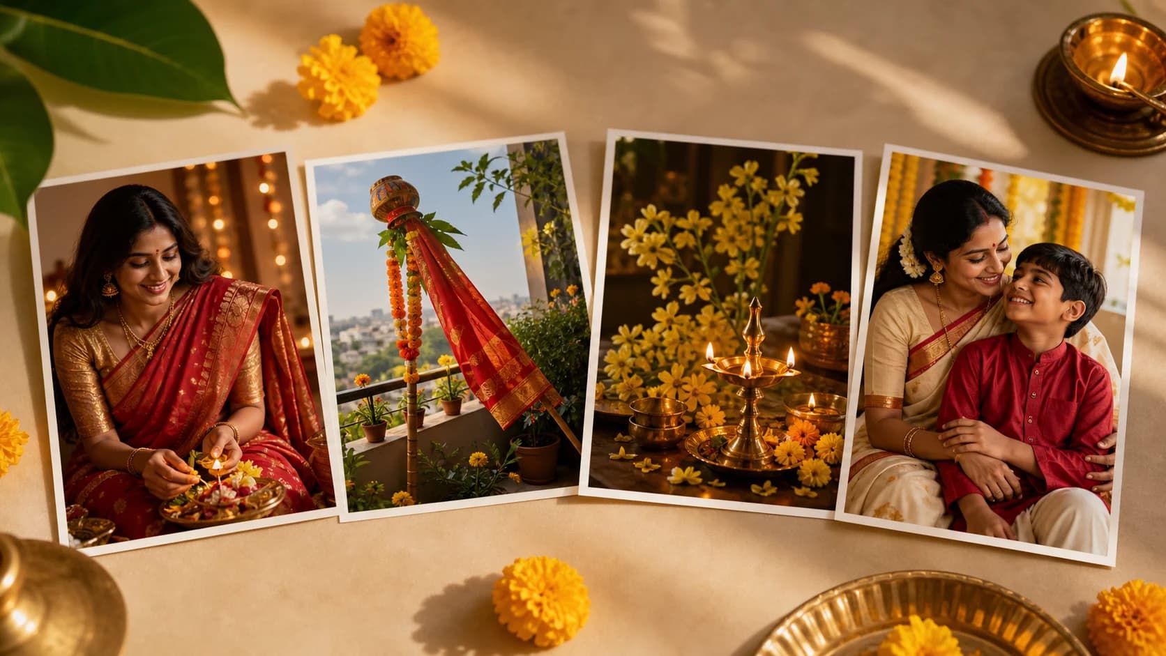 Indian festival AI prompt images featuring red saree trending prompt, Gudi Padwa, Vishu, and mother and son festive portraits.